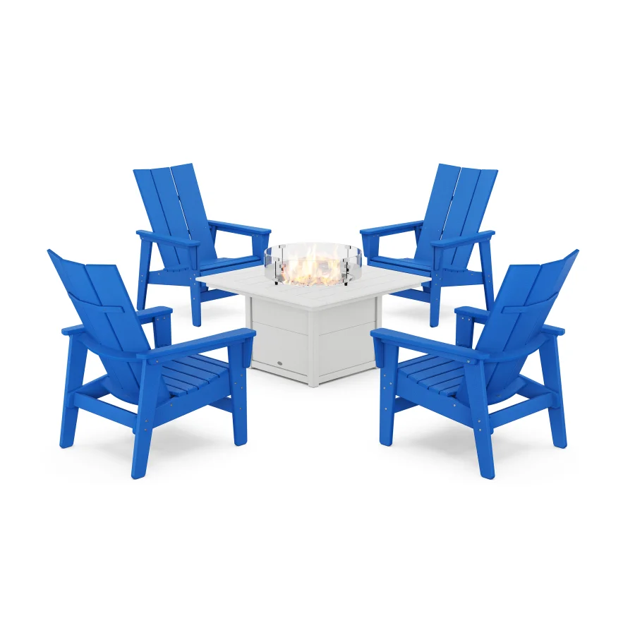 POLYWOOD 5-Piece Modern Grand Upright Adirondack Conversation Set with Fire Pit Table in Pacific Blue / White