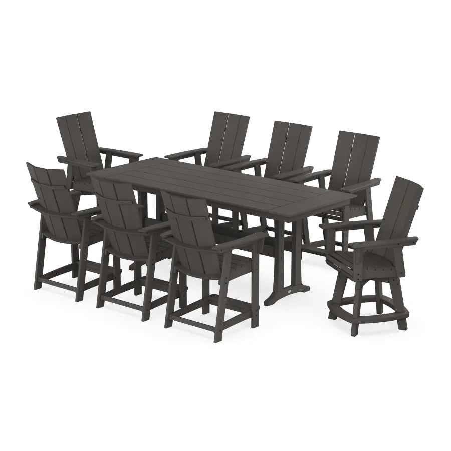 POLYWOOD Modern Curveback Adirondack Swivel 9-Piece Farmhouse Counter Set with Trestle Legs in Vintage Finish