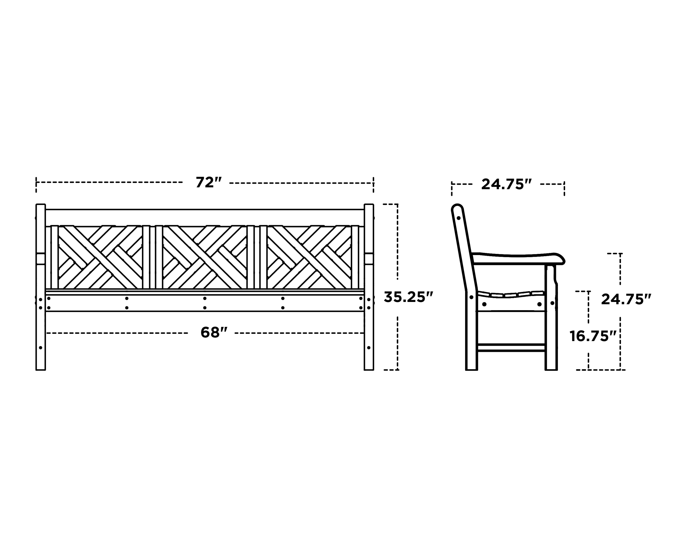 Dimensions for Rockford 72" Chippendale Bench