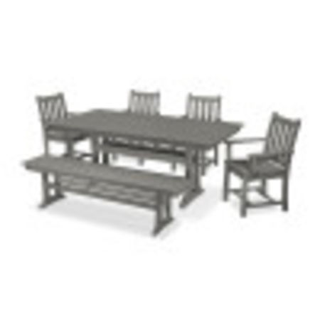 POLYWOOD Traditional Garden 6-Piece Farmhouse Trestle Dining Set with Bench in Slate Grey