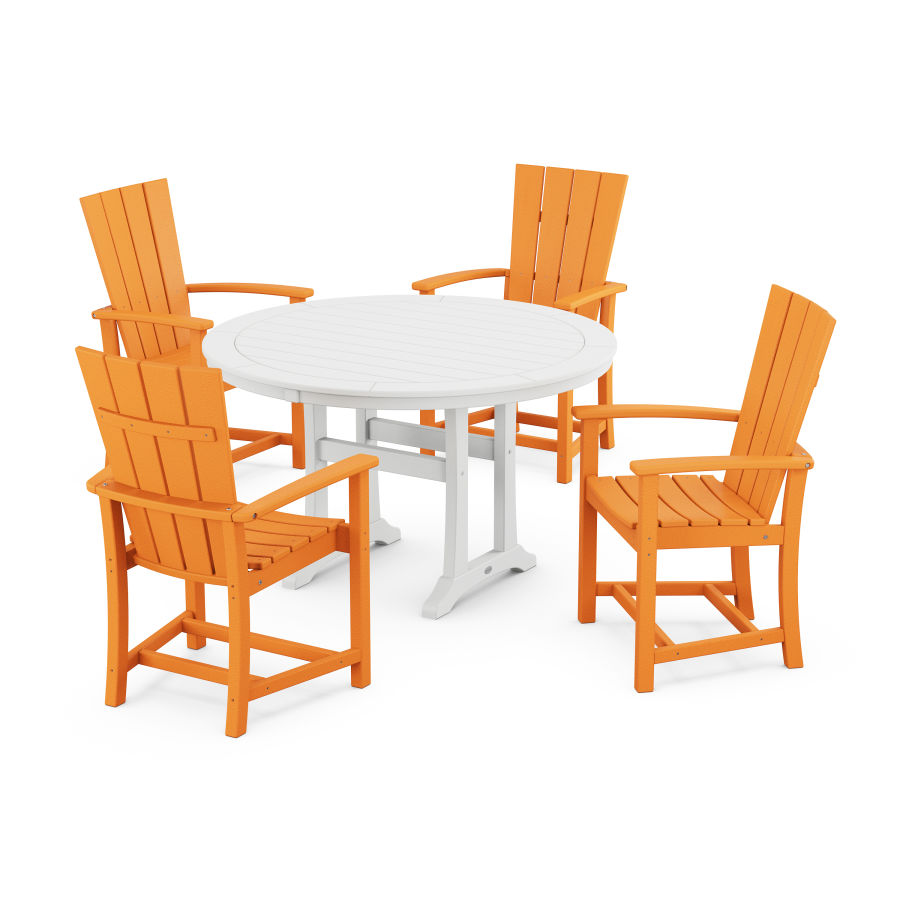 POLYWOOD Quattro 5-Piece Round Dining Set with Trestle Legs in Tangerine / White