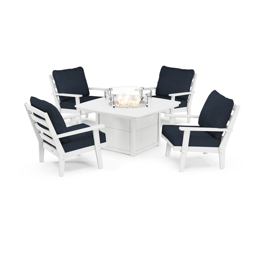 POLYWOOD Grant Park 5-Piece Deep Seating Conversation Set with Fire Pit Table in White / Marine Indigo