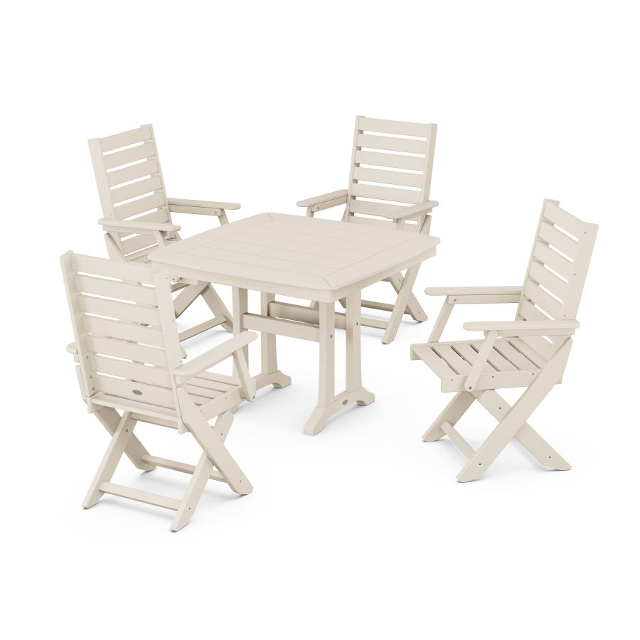 POLYWOOD Captain Folding Chair 5-Piece Dining Set with Trestle Legs in Sand