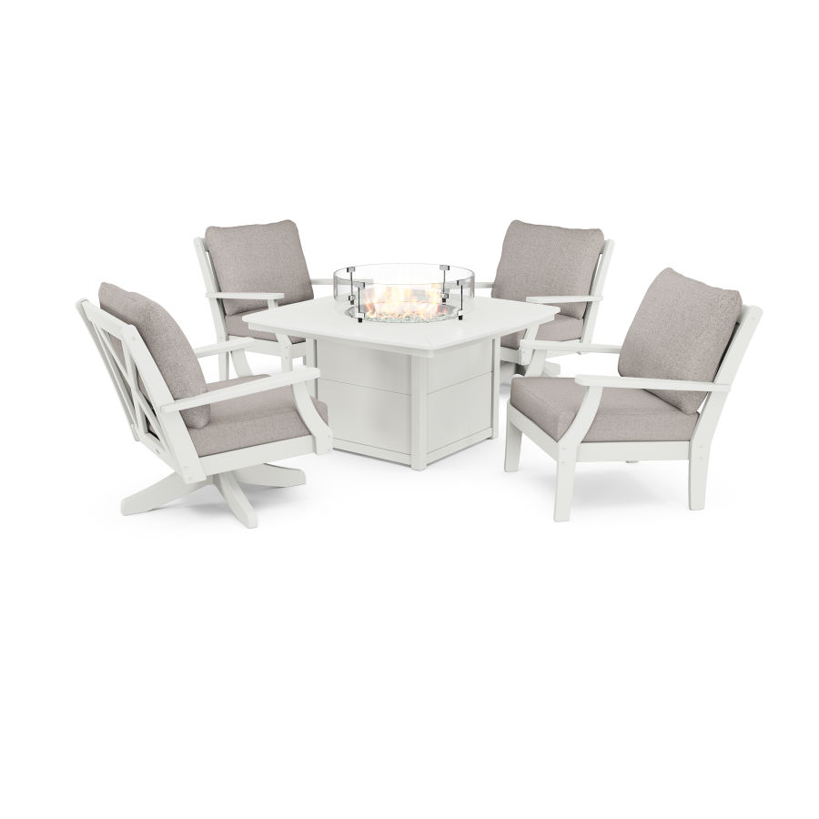 POLYWOOD Braxton 5-Piece Deep Seating Set with Fire Table in Vintage White / Weathered Tweed