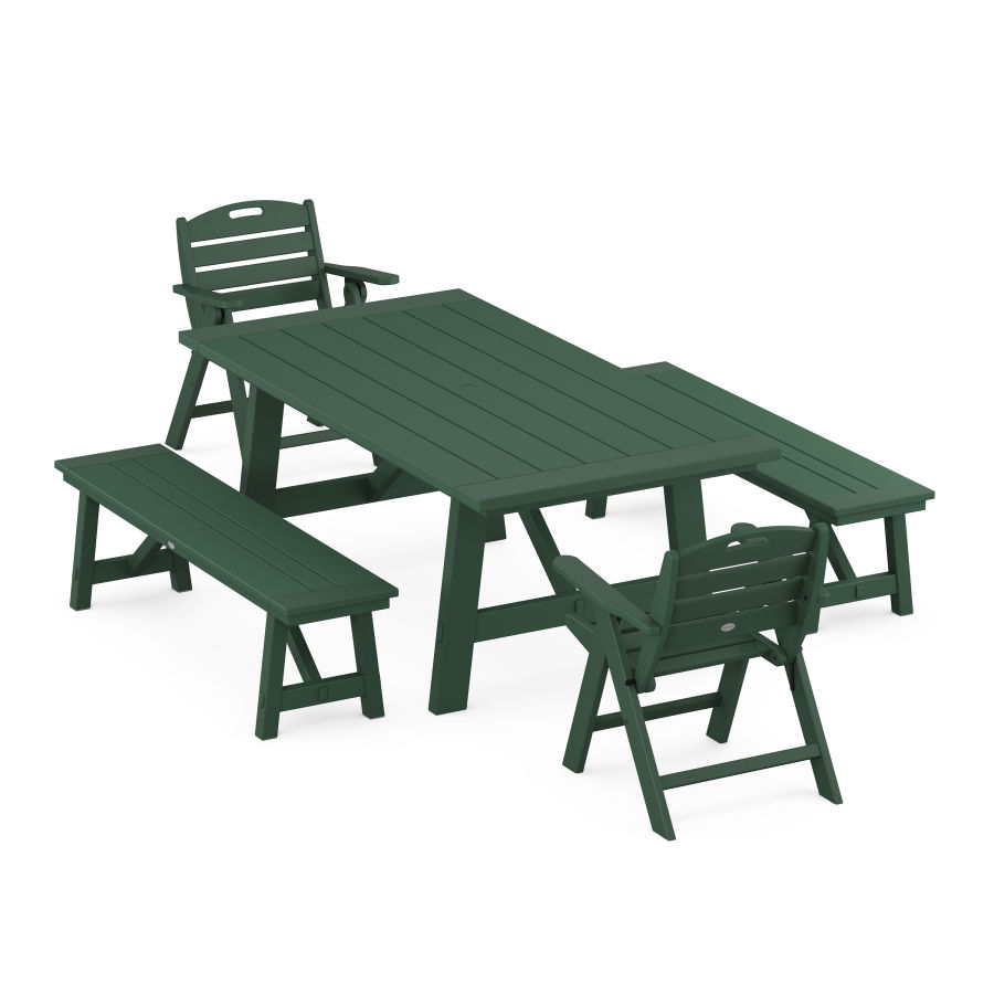 POLYWOOD Nautical Folding Lowback Chair 5-Piece Rustic Farmhouse Dining Set With Benches in Green