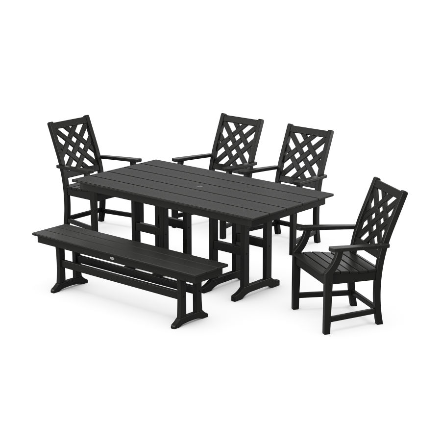 POLYWOOD Wovendale 6-Piece Farmhouse Dining Set with Bench in Black