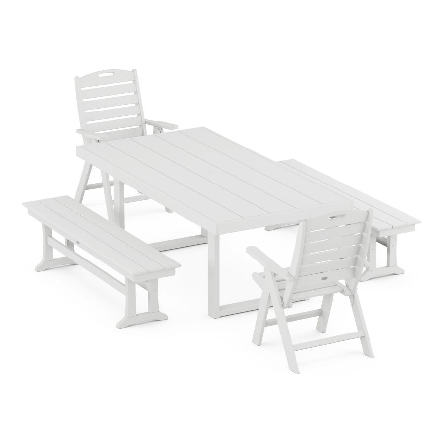 POLYWOOD Nautical Folding Highback 5-Piece Dining Set with Trestle Legs in White