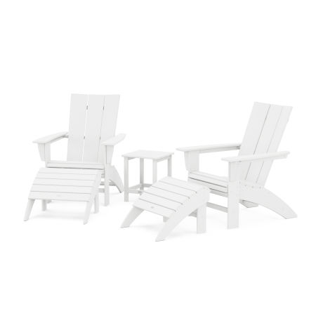 Modern Curveback Adirondack Chair 5-Piece Set with Ottomans and 18" Side Table in White
