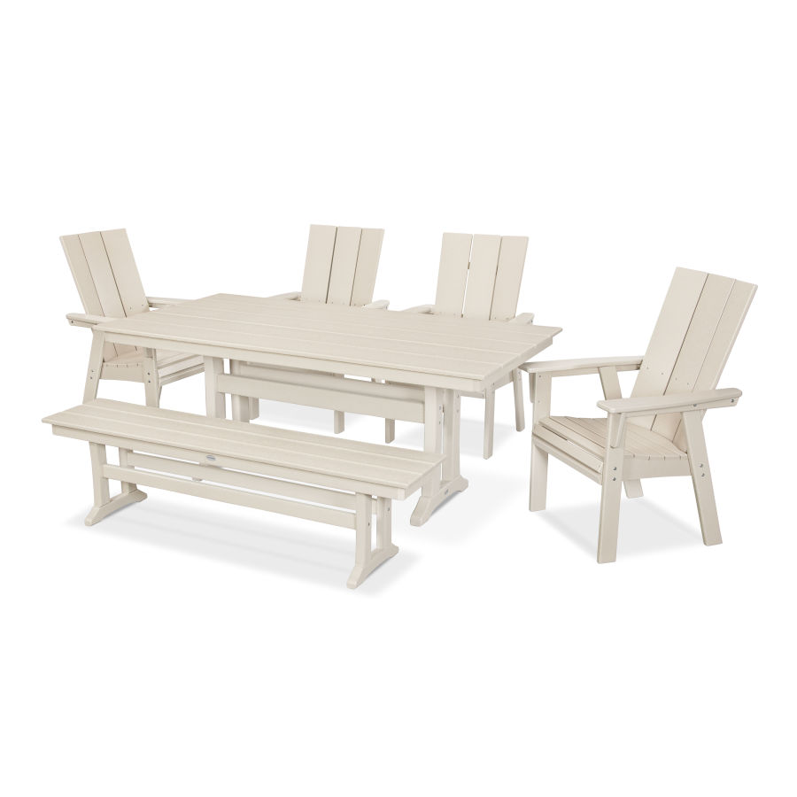 POLYWOOD Modern Adirondack 6-Piece Farmhouse Trestle Dining Set with Bench in Sand