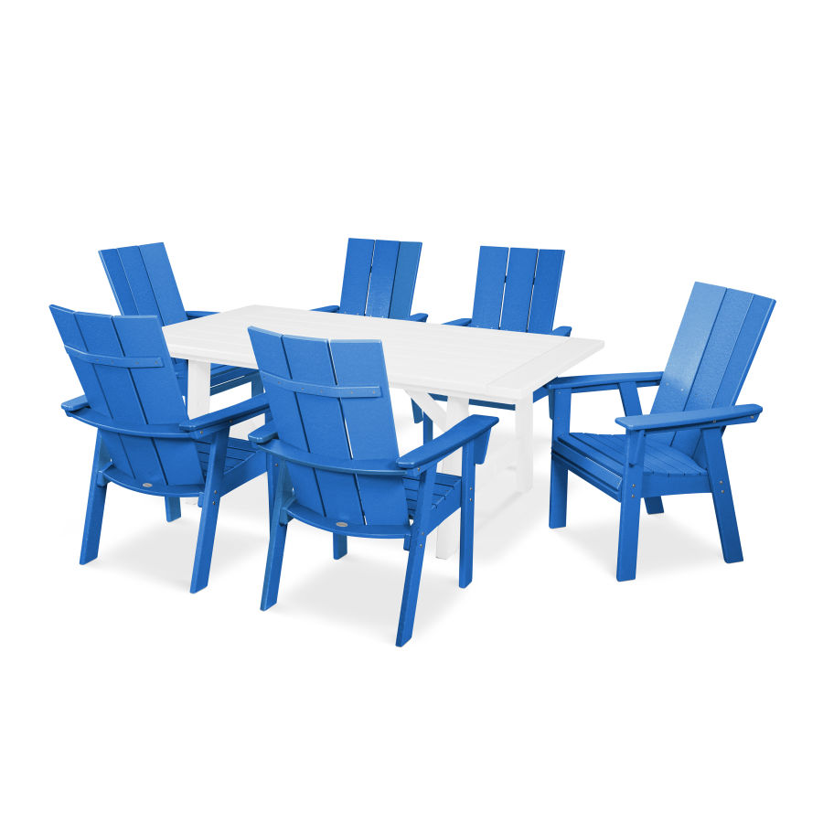POLYWOOD Modern Adirondack 7-Piece Rustic Farmhouse Dining Set in Pacific Blue / White