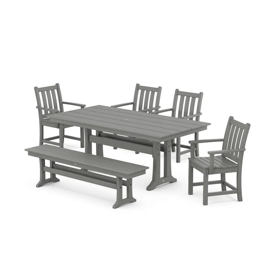 POLYWOOD Traditional Garden Arm Chair 6-Piece Farmhouse Dining Set with Trestle Legs and Bench