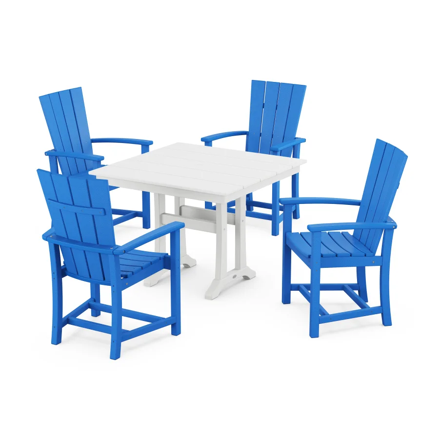 POLYWOOD Quattro 5-Piece Farmhouse Dining Set With Trestle Legs in Pacific Blue / White