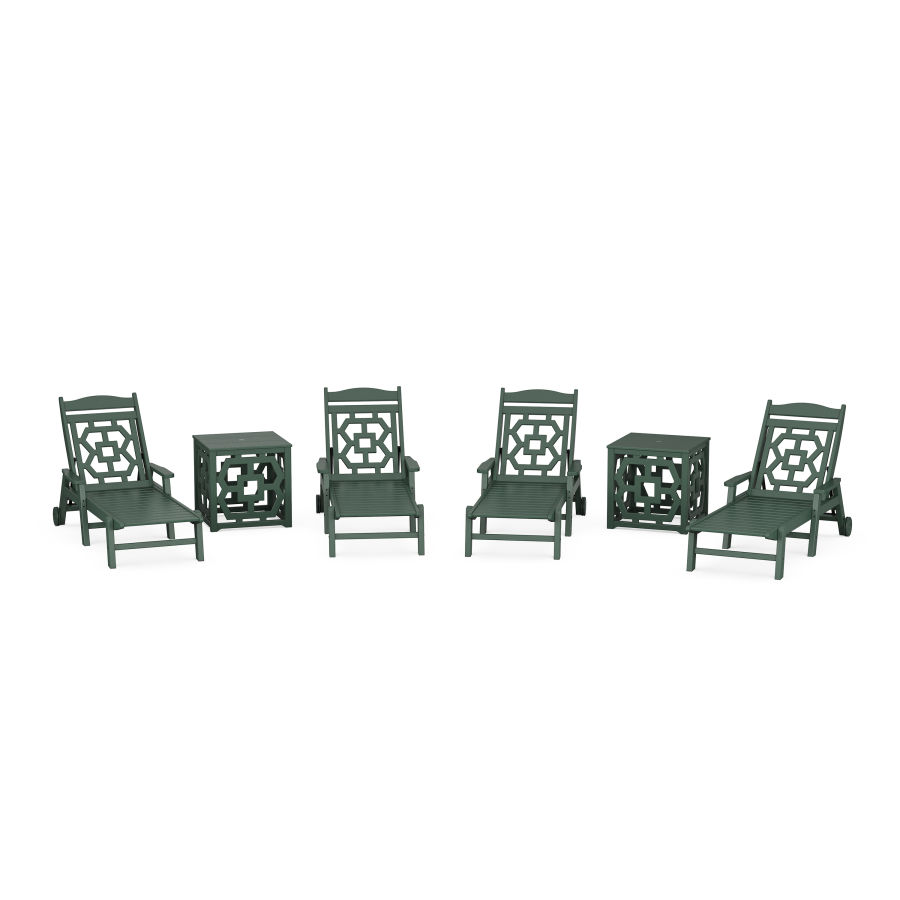 POLYWOOD Chinoiserie 6-Piece Chaise Set with Umbrella Stand Accent Table in Green