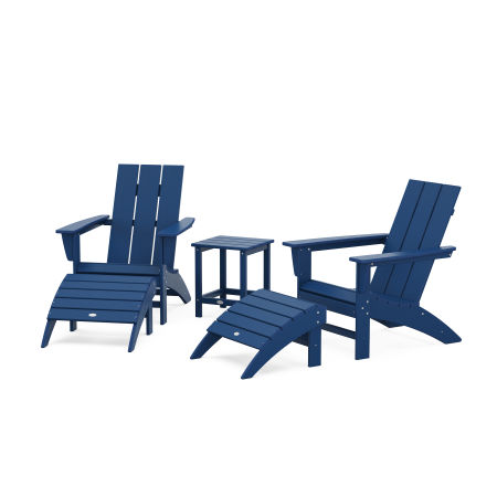 Modern Adirondack Chair 5-Piece Set with Ottomans and 18" Side Table in Navy