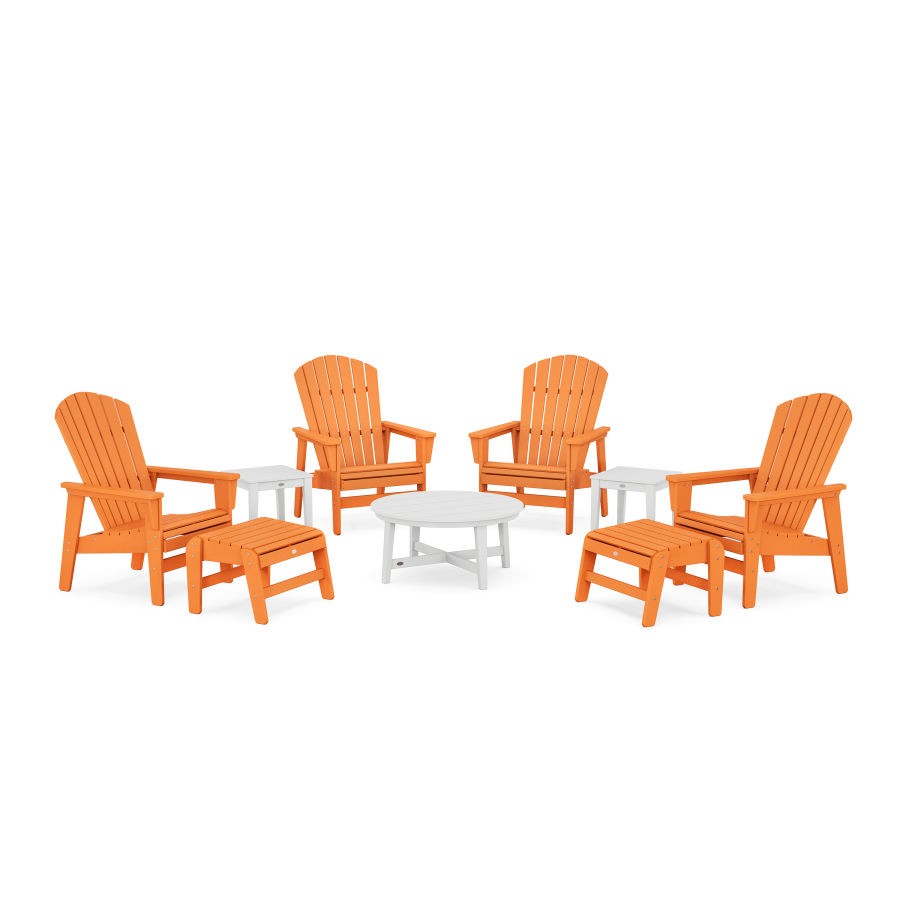 POLYWOOD Nautical Grand Upright Adirondack 9-Piece Conversation Set in Tangerine / White