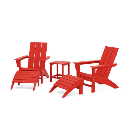 POLYWOOD Modern Adirondack Chair 5-Piece Set with Ottomans and 18" Side Table in Sunset Red