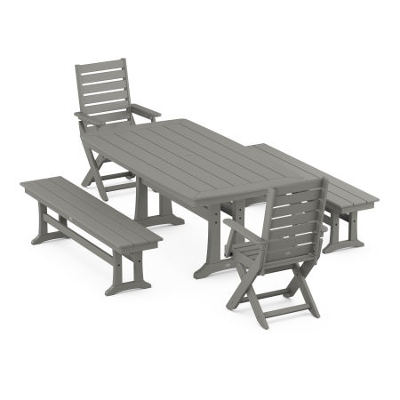 POLYWOOD Captain Folding Chair 5-Piece Dining Set with Trestle Legs in Slate Grey