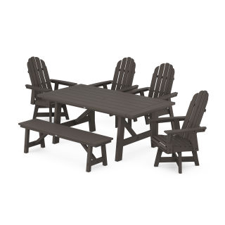 POLYWOOD Vineyard Curveback Adirondack Swivel Chair 6-Piece Rustic Farmhouse Dining Set With Bench in Vintage Finish