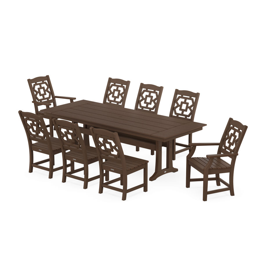 POLYWOOD Chinoiserie 9-Piece Farmhouse Dining Set with Trestle Legs in Mahogany