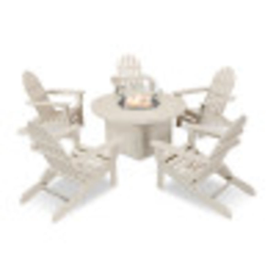 POLYWOOD Classic Folding Adirondack 6-Piece Conversation Set with Fire Pit Table in Sand