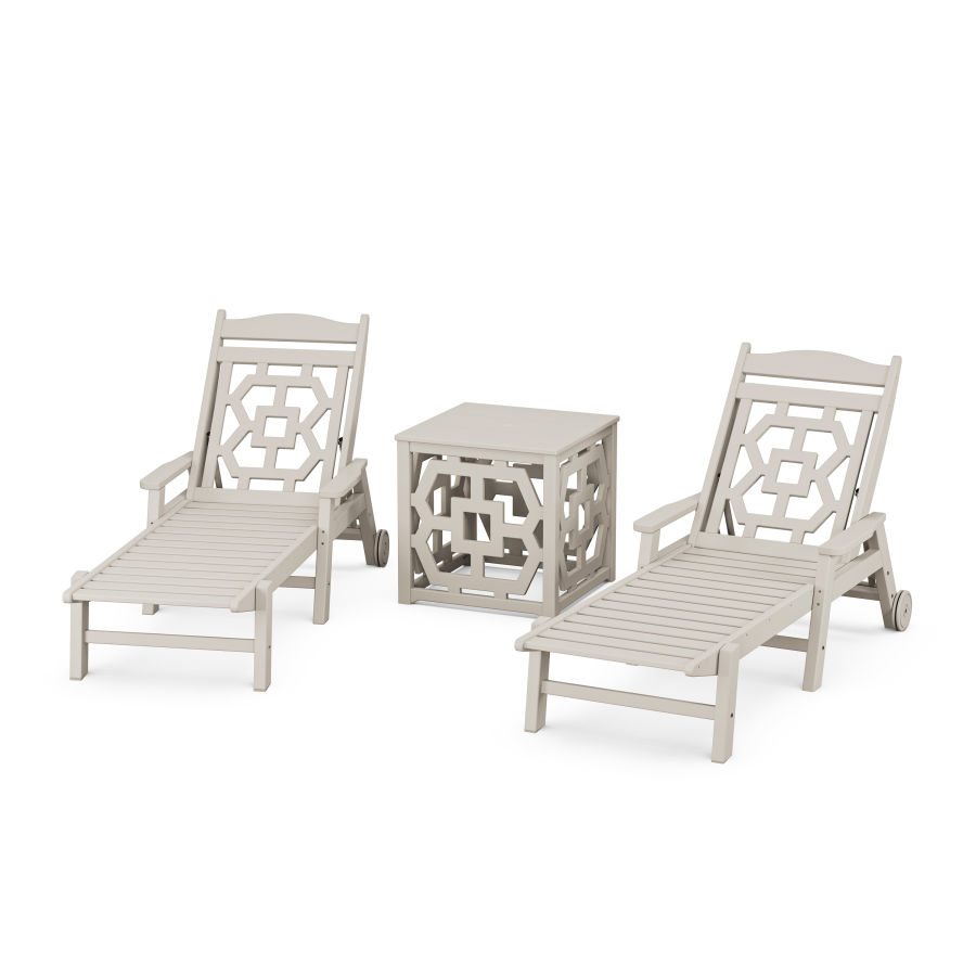 POLYWOOD Chinoiserie 3-Piece Chaise Set with Umbrella Stand Accent Table in Sand