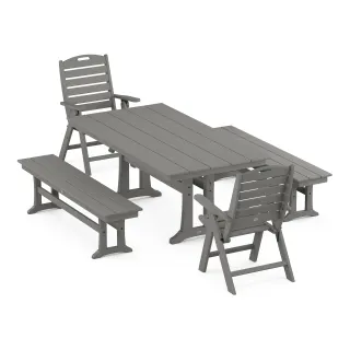 POLYWOOD Nautical Folding Highback Chair 5-Piece Farmhouse Dining Set With Trestle Legs and Benches