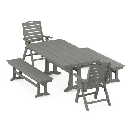 Nautical Highback 5-Piece Farmhouse Dining Set With Trestle Legs in Slate Grey