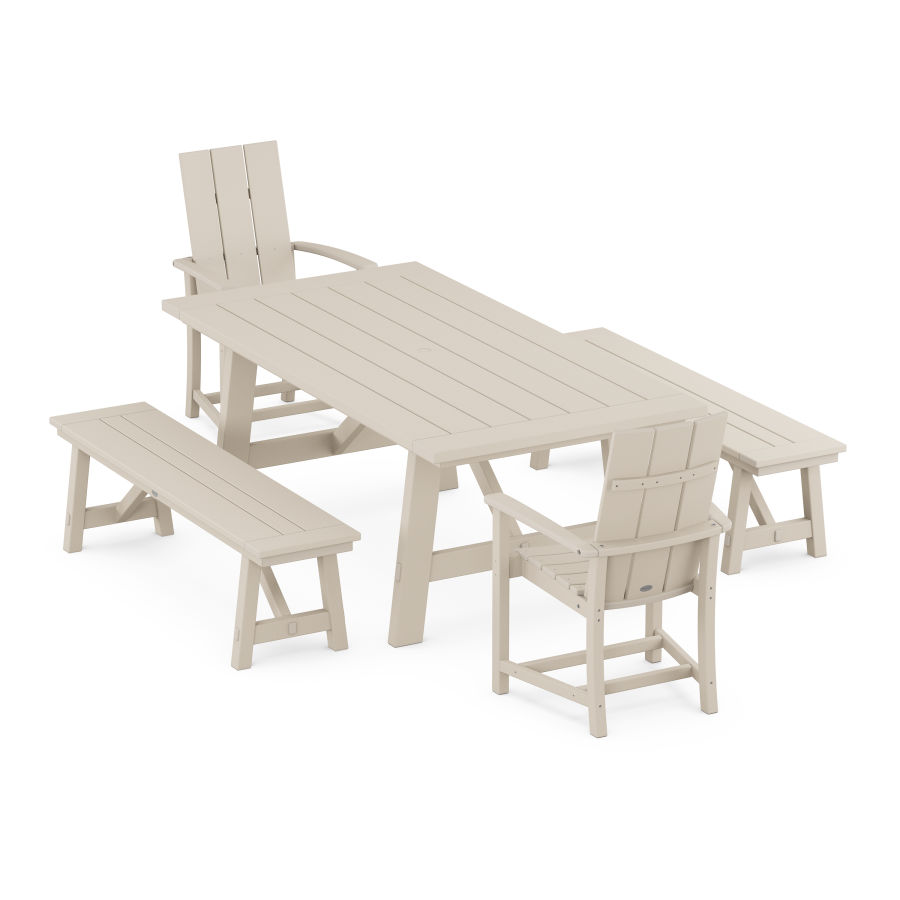 POLYWOOD Modern Adirondack 5-Piece Rustic Farmhouse Dining Set With Trestle Legs in Sand