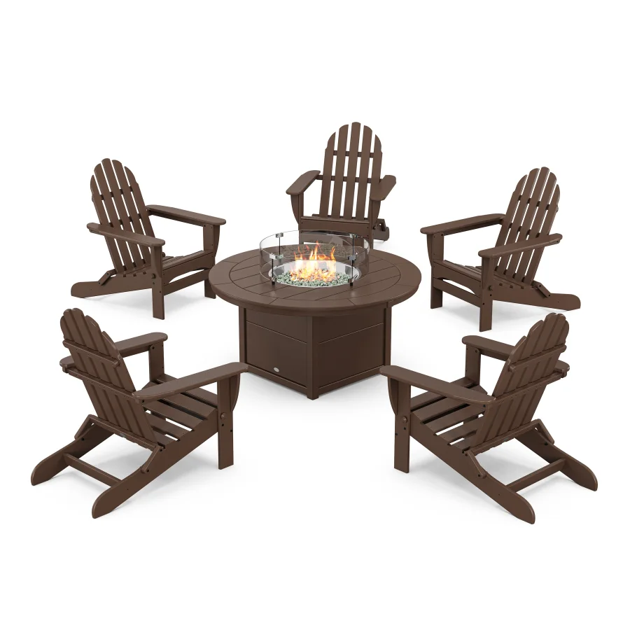 POLYWOOD Classic Folding Adirondack 6-Piece Conversation Set with Fire Pit Table in Mahogany