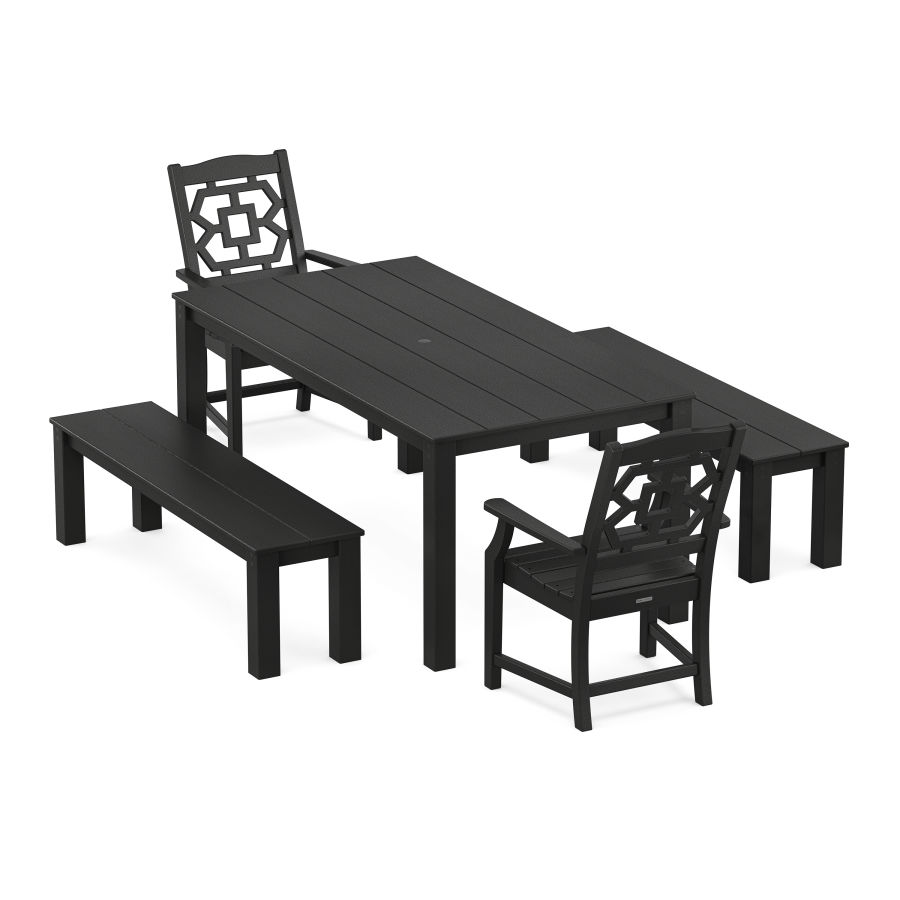 POLYWOOD Chinoiserie 5-Piece Parsons Dining Set with Benches in Black