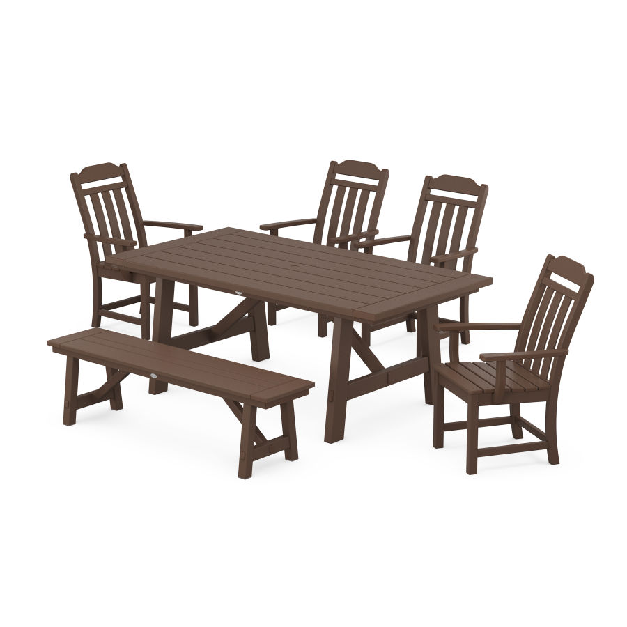 POLYWOOD Country Living 6-Piece Rustic Farmhouse Dining Set with Bench in Mahogany
