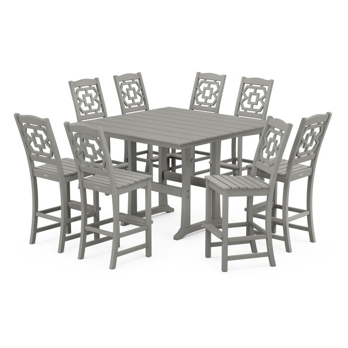 POLYWOOD Chinoiserie 9-Piece Square Farmhouse Side Chair Bar Set with Trestle Legs