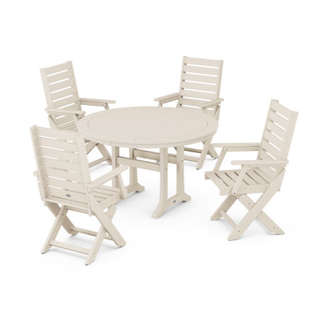 POLYWOOD Captain Folding Chair 5-Piece Round Dining Set with Trestle Legs in Sand