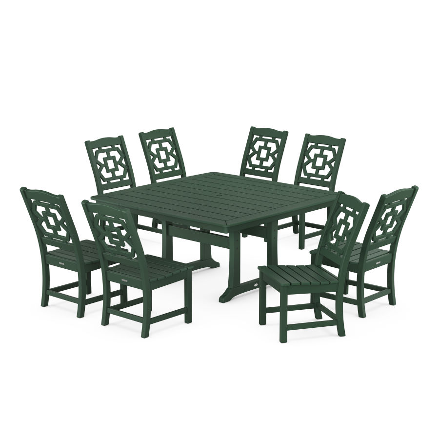 POLYWOOD Chinoiserie 9-Piece Square Side Chair Dining Set with Trestle Legs in Green