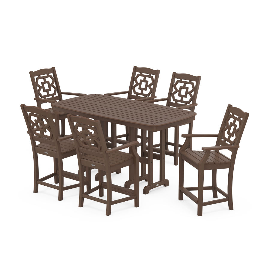 POLYWOOD Chinoiserie Arm Chair 7-Piece Counter Set in Mahogany