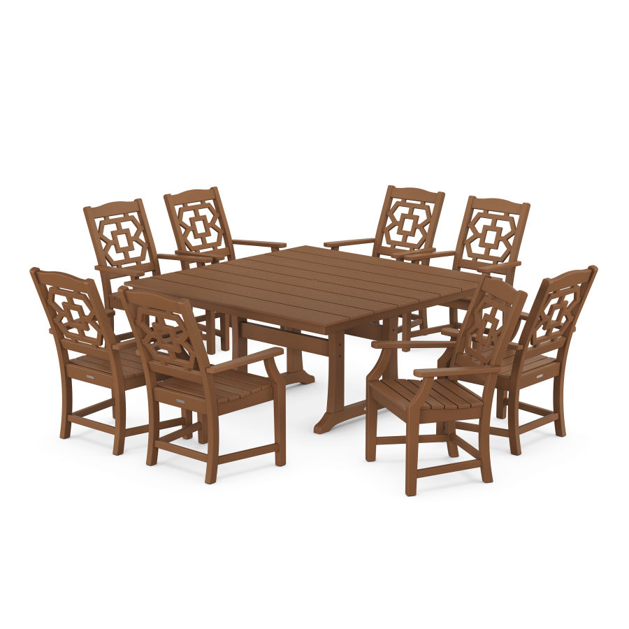 POLYWOOD Chinoiserie 9-Piece Square Farmhouse Dining Set with Trestle Legs in Teak