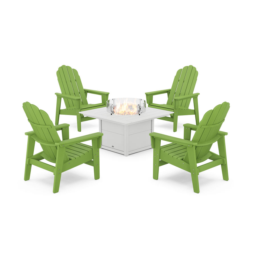 POLYWOOD 5-Piece Vineyard Grand Upright Adirondack Conversation Set with Fire Pit Table in Lime / White