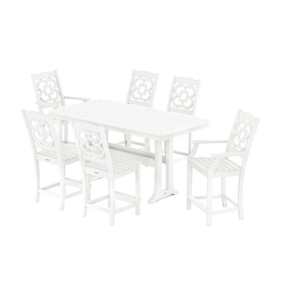 POLYWOOD Chinoiserie 7-Piece Counter Set with Trestle Legs in White