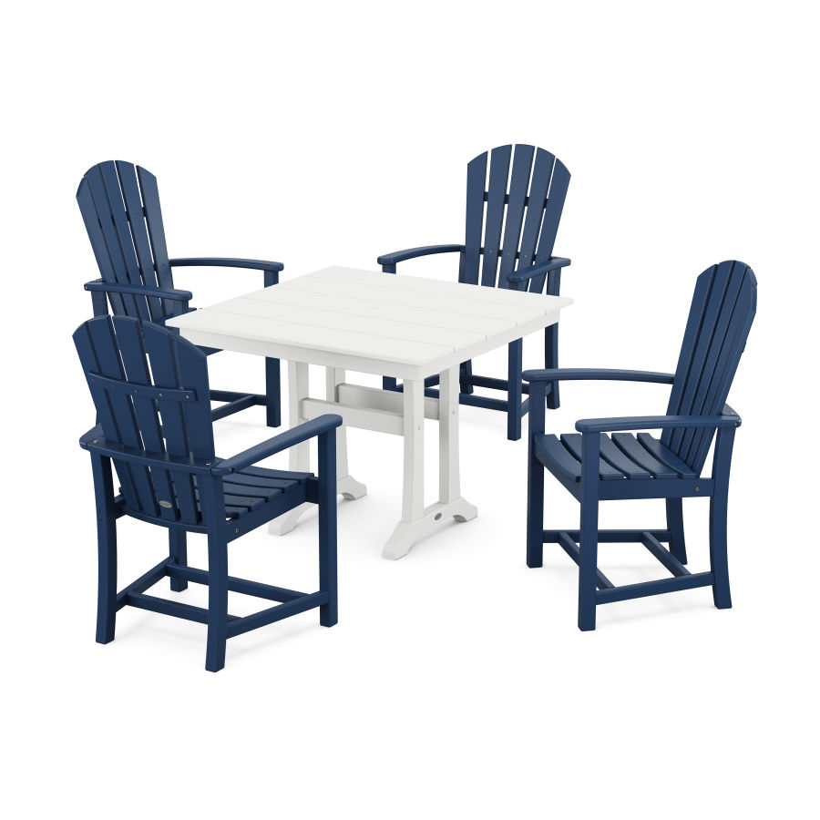 POLYWOOD Palm Coast 5-Piece Farmhouse Dining Set With Trestle Legs in Navy / White