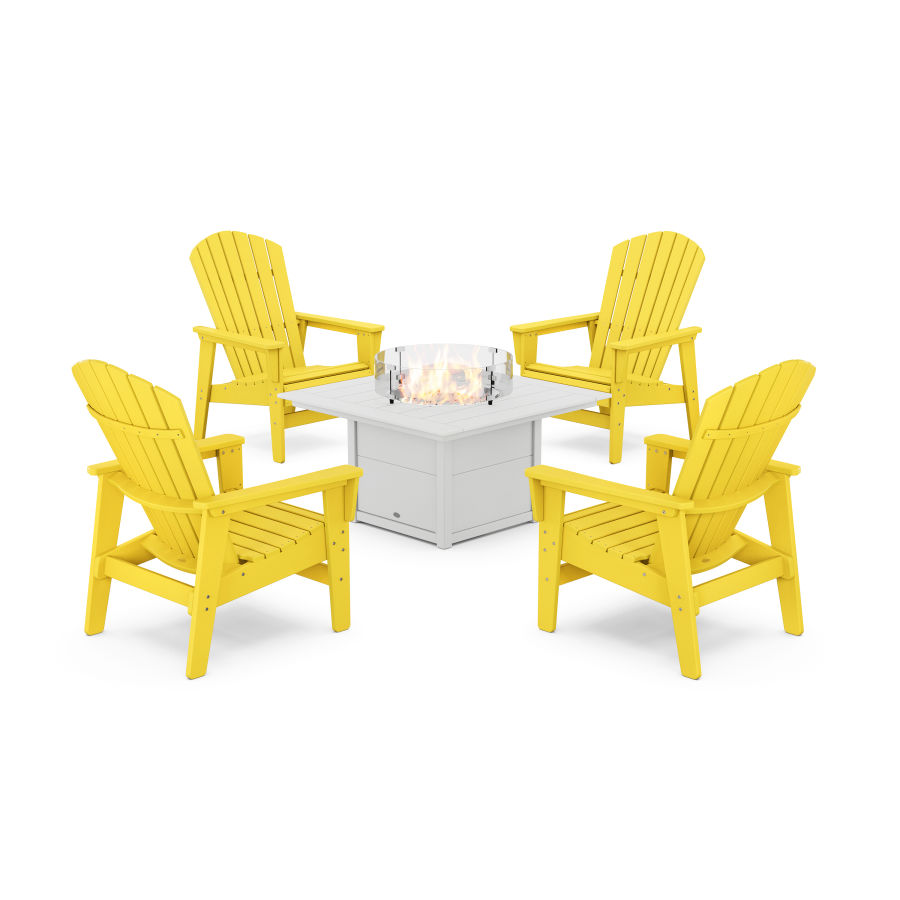 POLYWOOD 5-Piece Nautical Grand Upright Adirondack Conversation Set with Fire Pit Table in Lemon / White