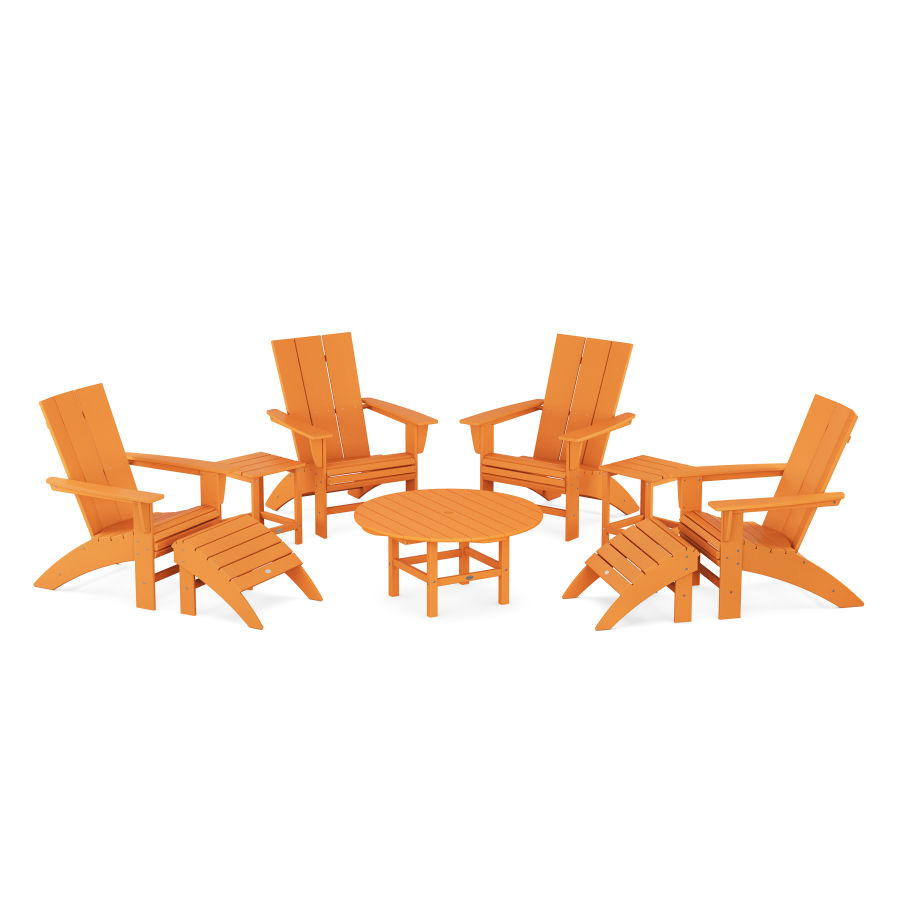 POLYWOOD Modern Curveback Adirondack Chair 9-Piece Conversation Set in Tangerine