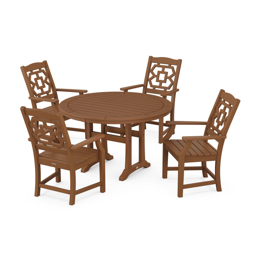 POLYWOOD Chinoiserie 5-Piece Round Dining Set with Trestle Legs in Teak