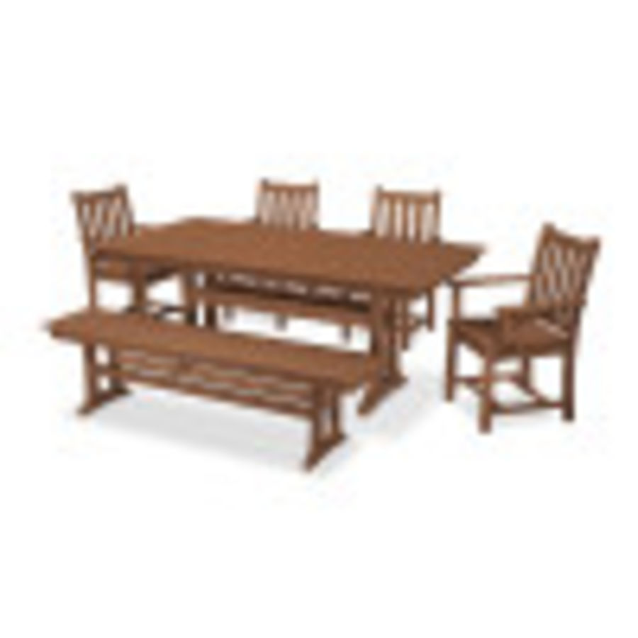POLYWOOD Traditional Garden 6-Piece Farmhouse Trestle Dining Set with Bench in Teak