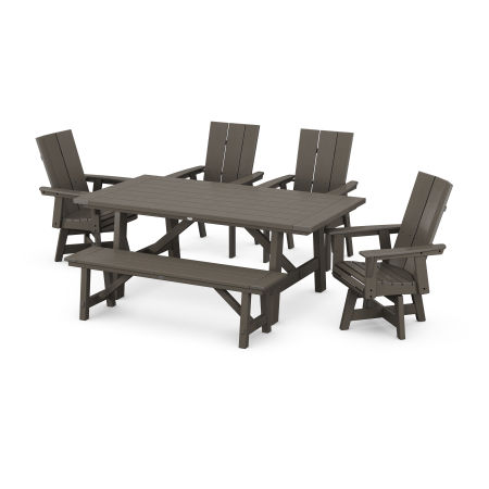 POLYWOOD Modern Curveback Adirondack Swivel Chair 6-Piece Rustic Farmhouse Dining Set with Bench in Vintage Finish