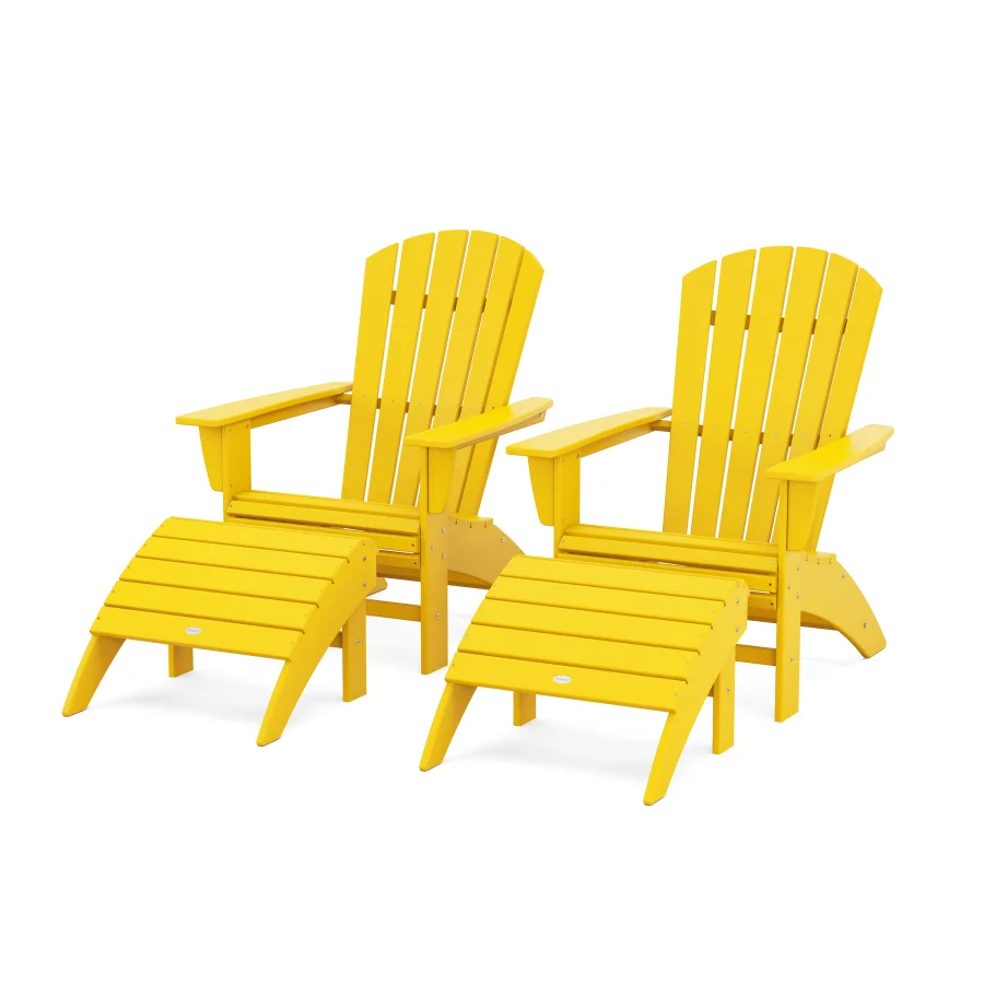 POLYWOOD Nautical Curveback Adirondack Chair 4-Piece Set with Ottomans in Lemon