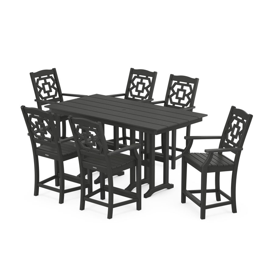 POLYWOOD Chinoiserie Arm Chair 7-Piece Farmhouse Counter Set in Black
