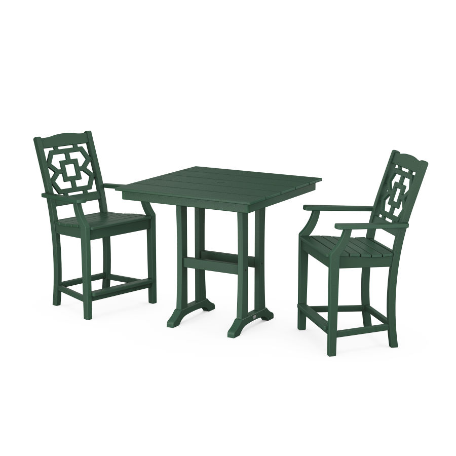 POLYWOOD Chinoiserie 3-Piece Farmhouse Counter Set with Trestle Legs in Green