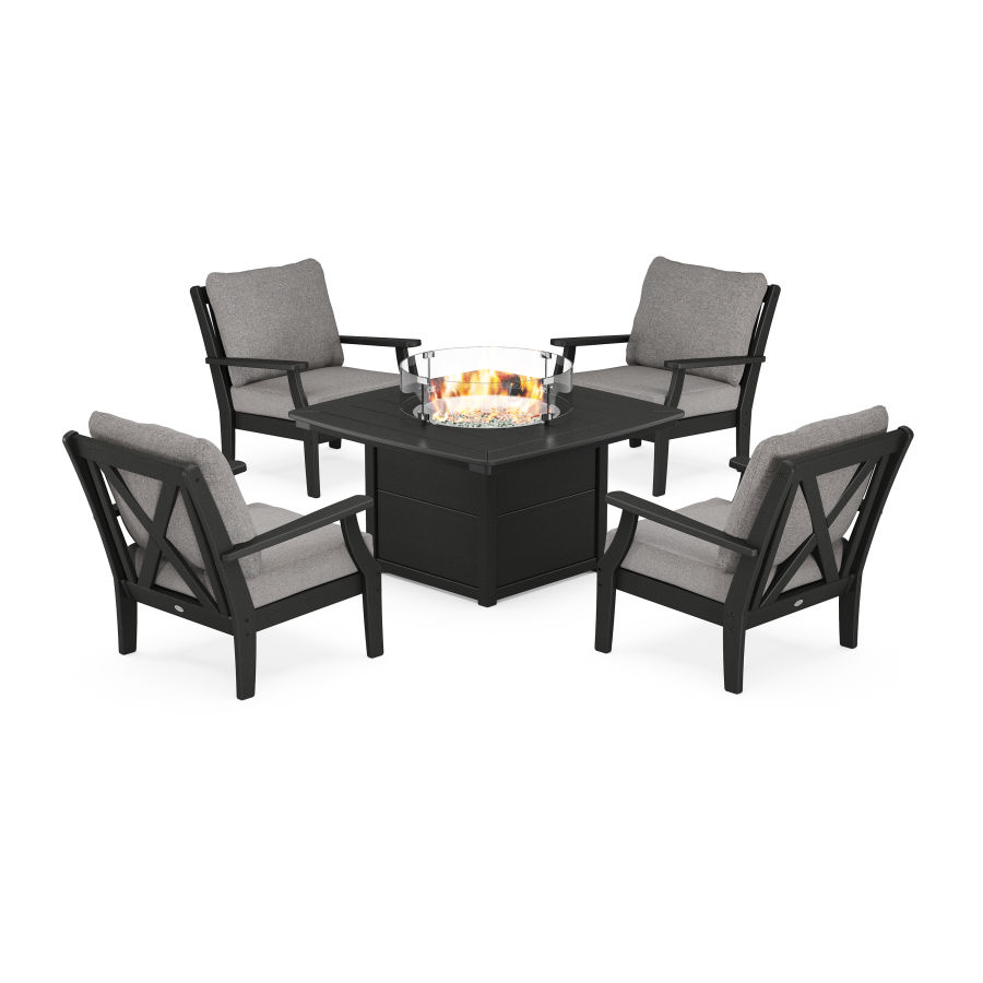 POLYWOOD Braxton 5-Piece Deep Seating Conversation Set with Fire Pit Table in Black / Grey Mist