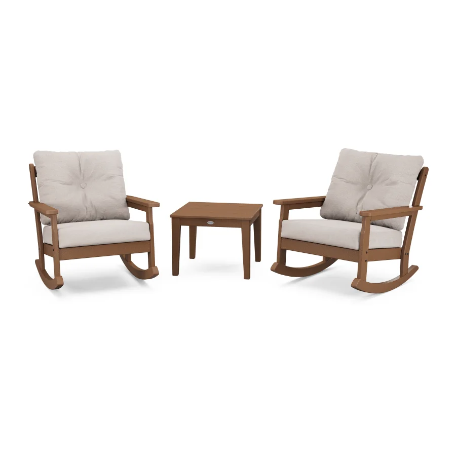 POLYWOOD Vineyard 3-Piece Deep Seating Rocker Set in Teak / Dune Burlap