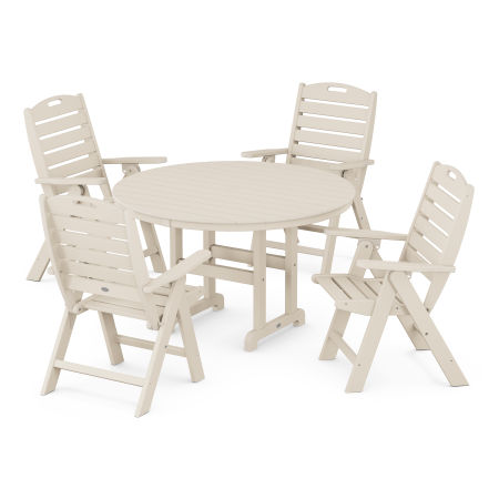 POLYWOOD Nautical Folding Chair 5-Piece Round Farmhouse Dining Set in Sand